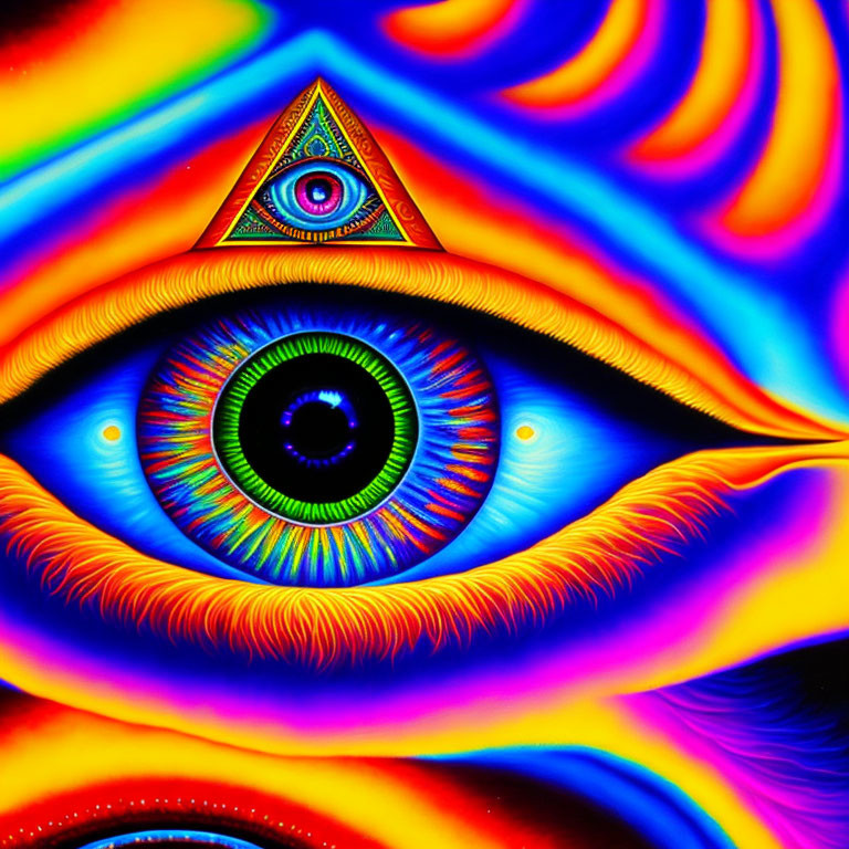 Colorful Psychedelic Eye Illustration with Triangle and Rainbow Patterns