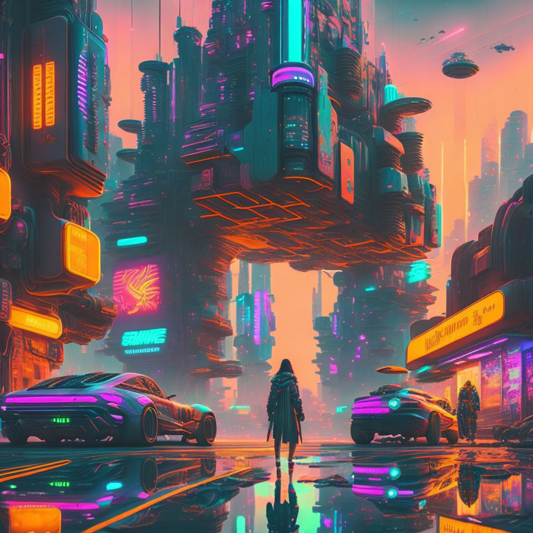 Futuristic cyberpunk cityscape with neon lights and skyscrapers