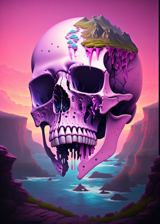 Surreal artwork: giant melting skull, mountain landscape, pink canyon river.