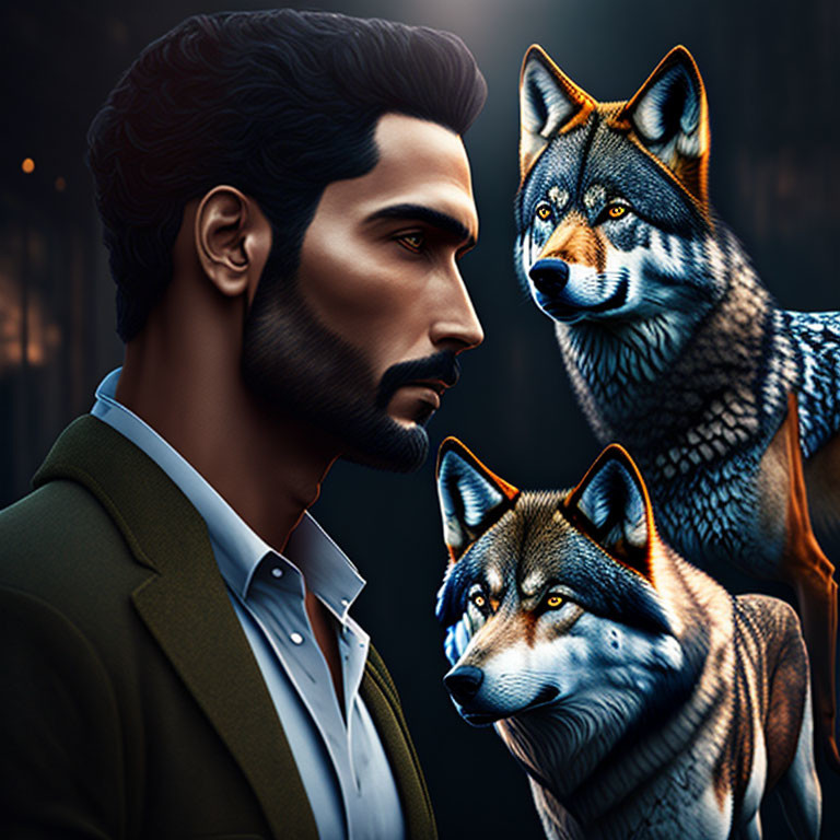 Stylized image of bearded man with wolves in profile