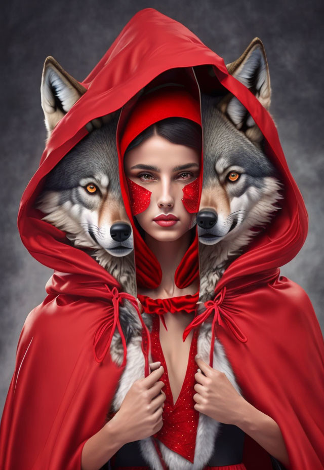 Woman in Red Cloak with Wolves in Red Cloak Costume