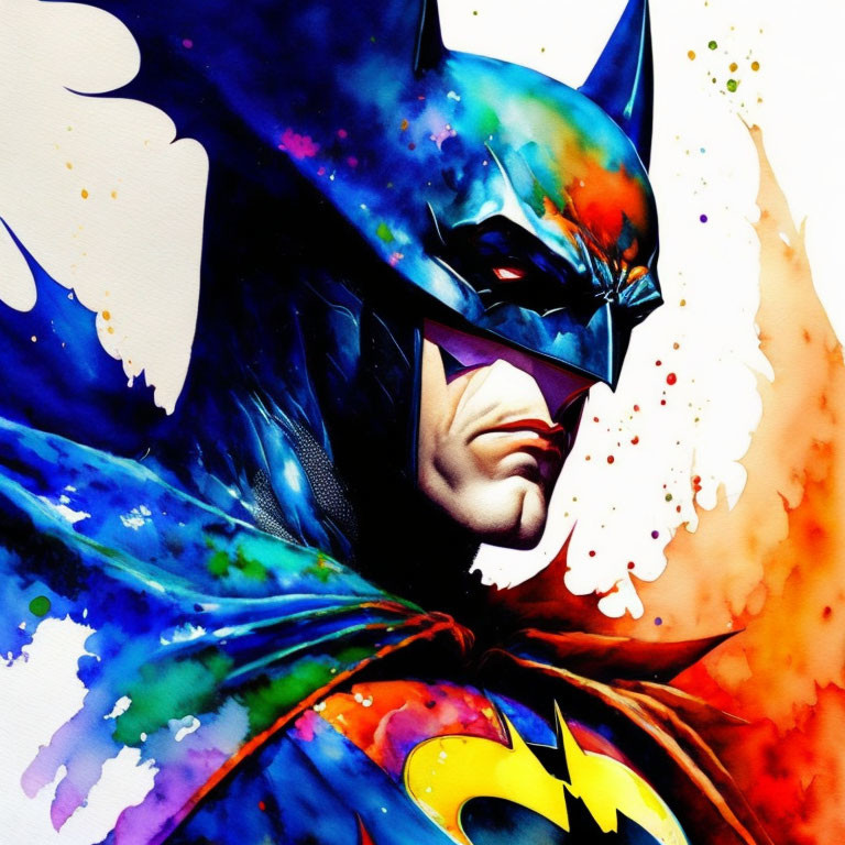 Colorful watercolor superhero illustration with bat-themed design