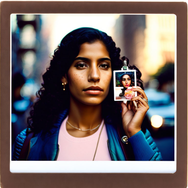 Curly-Haired Woman Holding Photo in City at Golden Hour