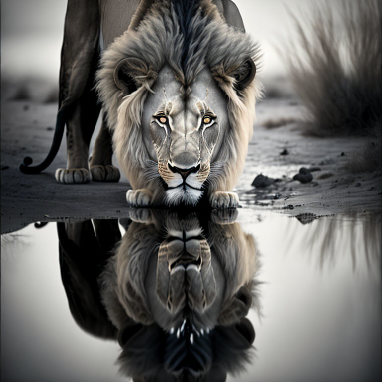 Majestic lion walking towards the camera with reflection in water