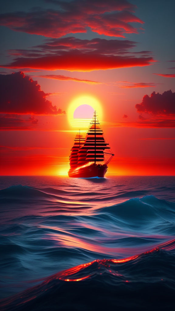 Sailing ship on vibrant ocean at sunset