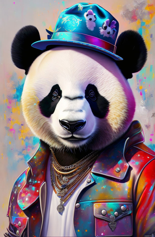 Colorful Outfit Panda Illustration with Hat and Chains