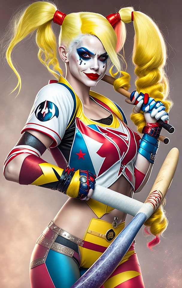 Blonde woman with pigtails in clown makeup holding baseball bat