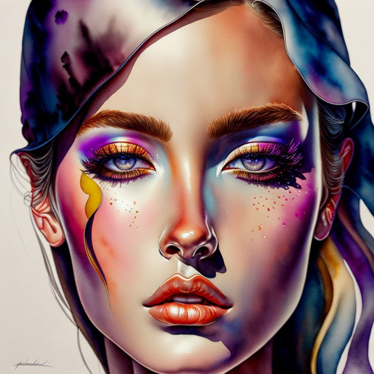 Vibrant makeup portrait with purple, yellow, pink, and blue hues