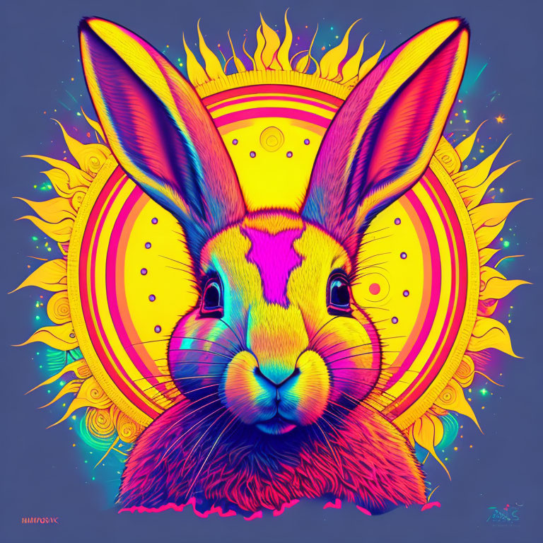 Vibrant psychedelic rabbit in cosmic setting