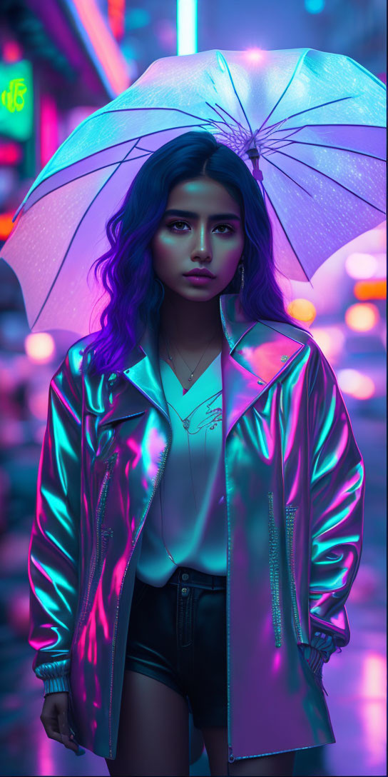 Woman standing at night with neon lights, transparent umbrella, shiny jacket, purple hair tones