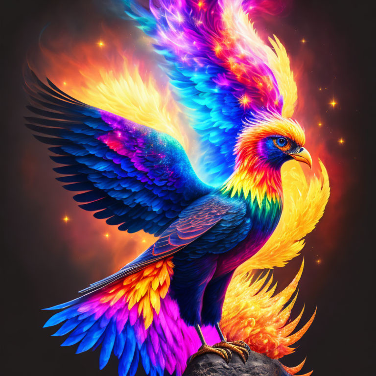 Colorful Phoenix Spreading Wings in Starry Sky