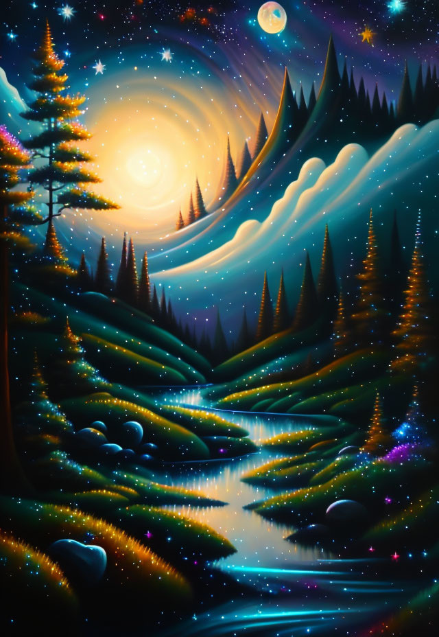 Fantastical landscape with swirling clouds, stars, crescent moon, pine forest, and river