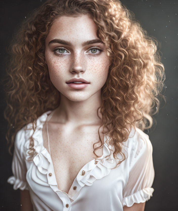 Portrait of a young woman with curly hair, freckles, and blue eyes in a white r