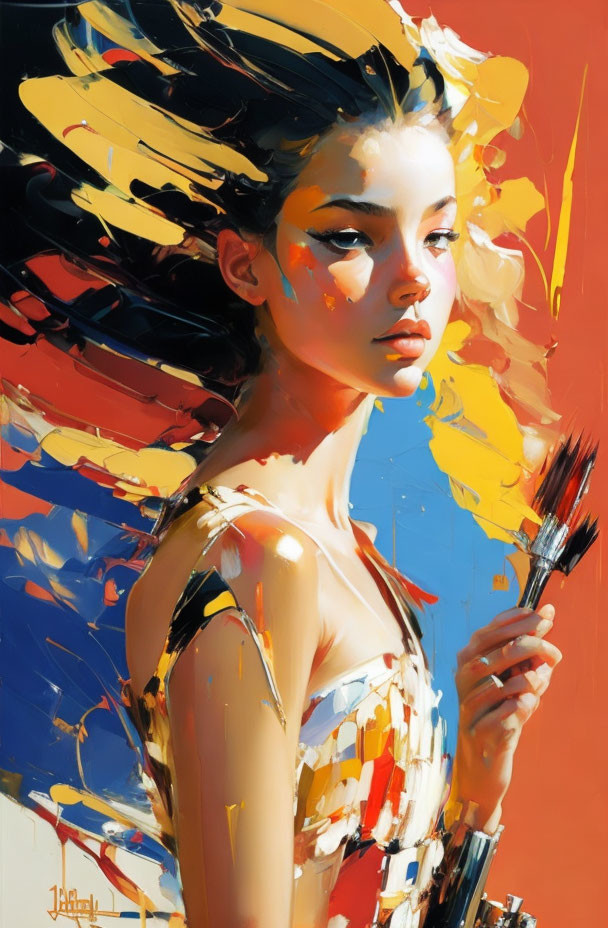 Colorful portrait of a woman with paintbrushes and expressive brush strokes