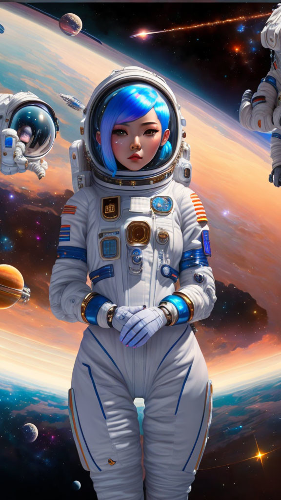 Futuristic digital artwork: astronaut with blue hair in space