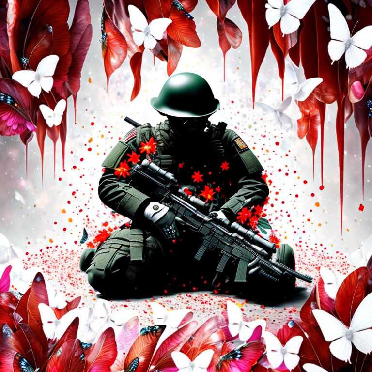 Soldier in Full Gear Surrounded by Red and White Butterflies