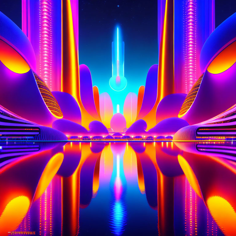 Symmetrical neon structures with glowing spire on glossy surface