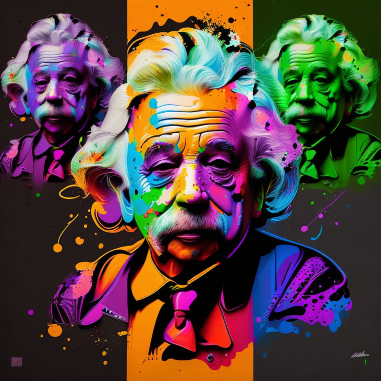 Colorful Pop Art Triptych Portrait of Man with Distinctive Hair & Mustache