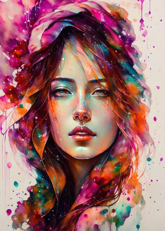 Colorful Abstract Portrait of Woman with Splatters