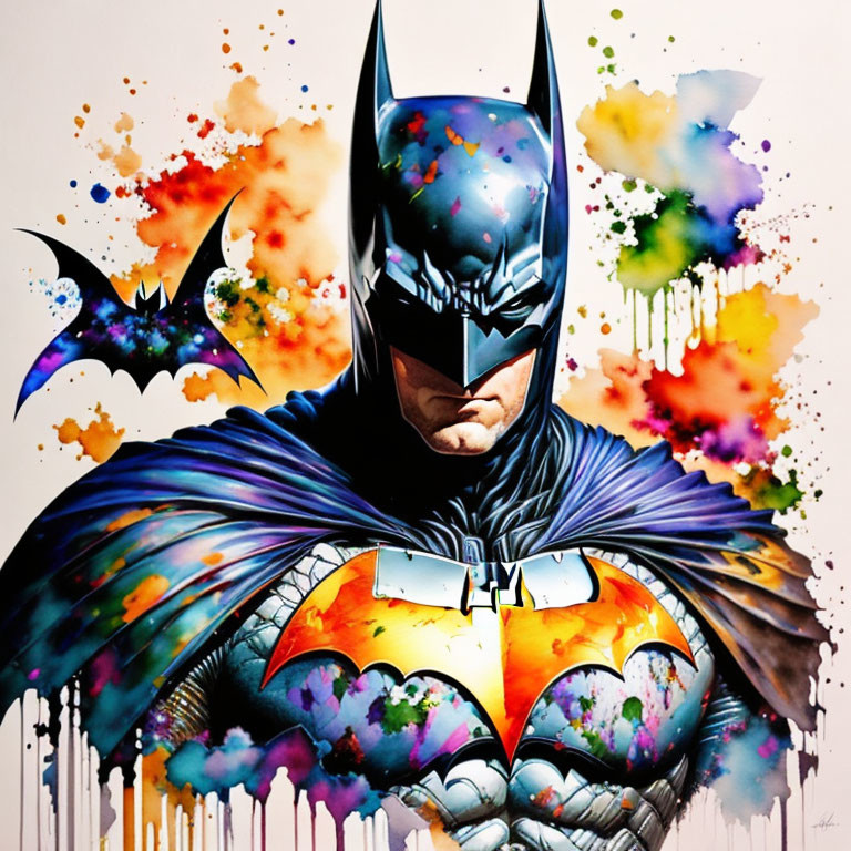 Comic book character in bat-themed costume on colorful splatter paint background