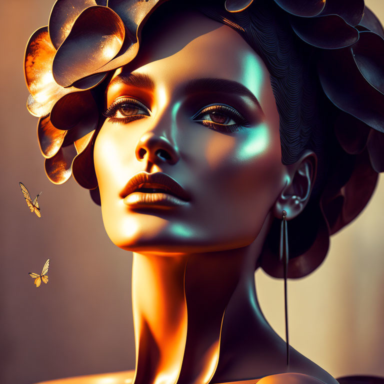 Stylized portrait of a woman with metallic skin tones and floral headpiece