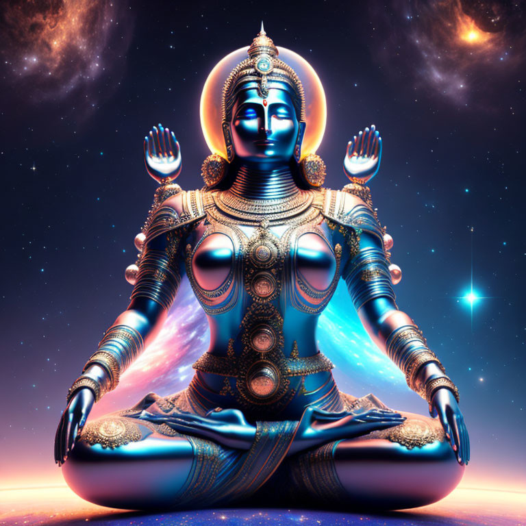 Digital art of multi-armed deity in meditative pose with cosmic backdrop