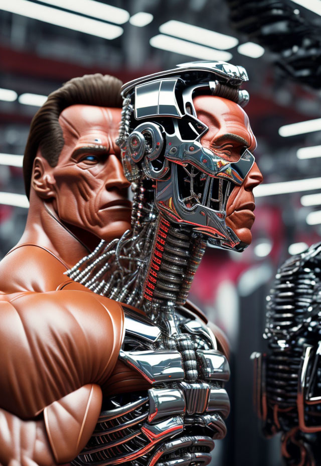 Hyper-realistic humanoid robot and lifelike muscular man figures side by side.