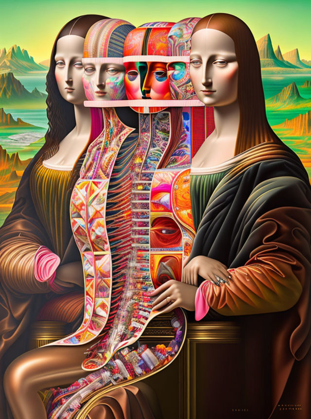 Surreal adaptation of Mona Lisa with intricate patterns and landscapes