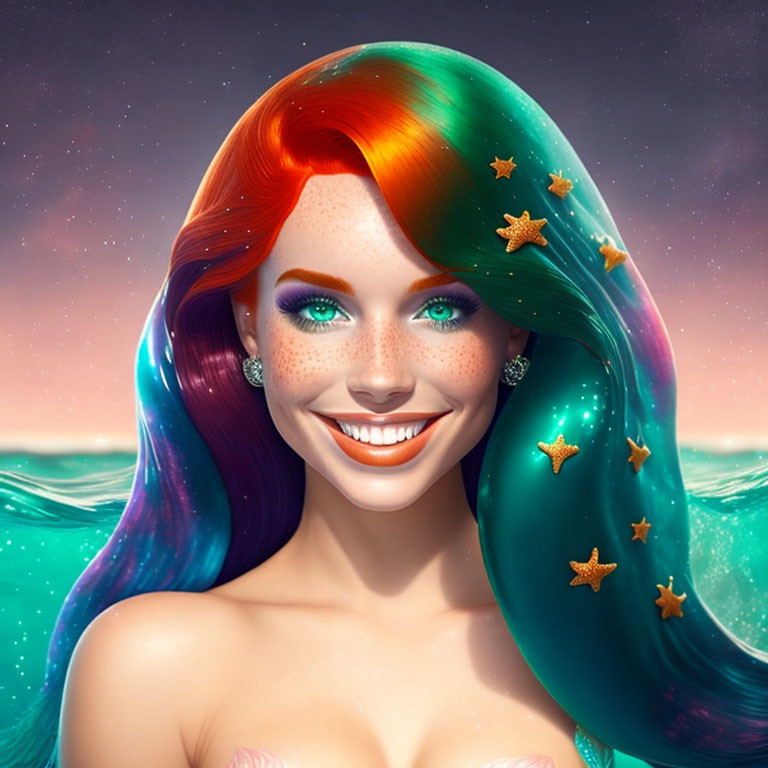 Colorful digital portrait of smiling woman with rainbow hair and starfish in starry night sky