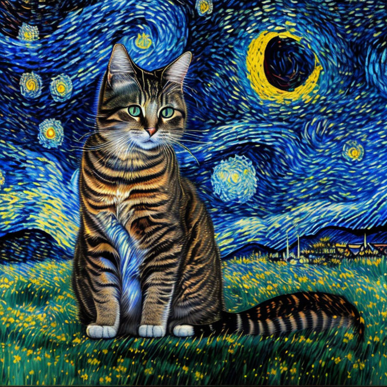 Tabby cat with Van Gogh-inspired night sky portrait