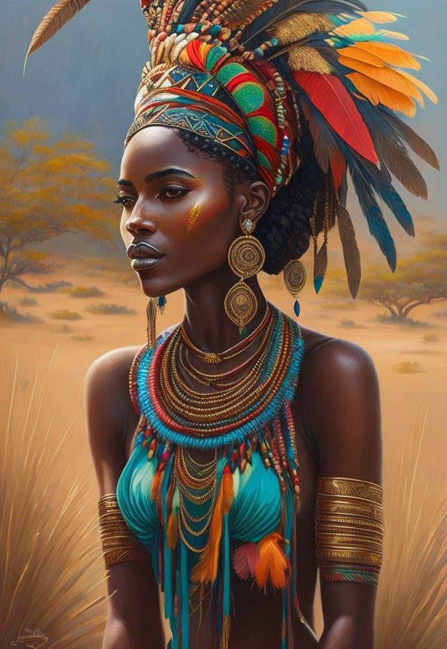 African woman with traditional jewelry, feathers, and face paint on savannah.