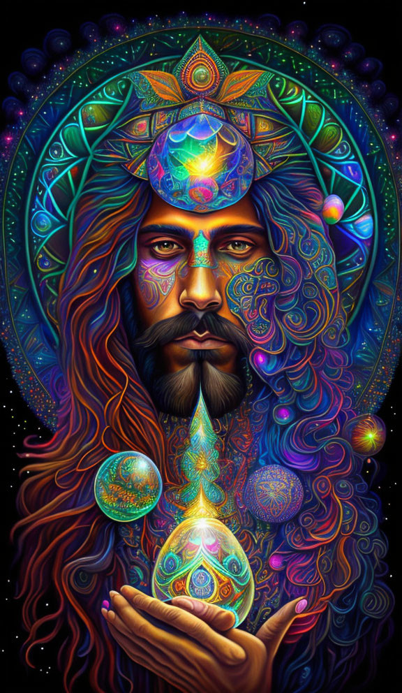 Vibrant digital artwork of bearded figure with cosmic motifs holding glowing object