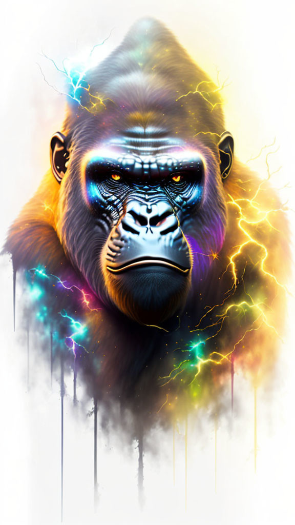 Vibrant neon colors illuminate mystical gorilla face art