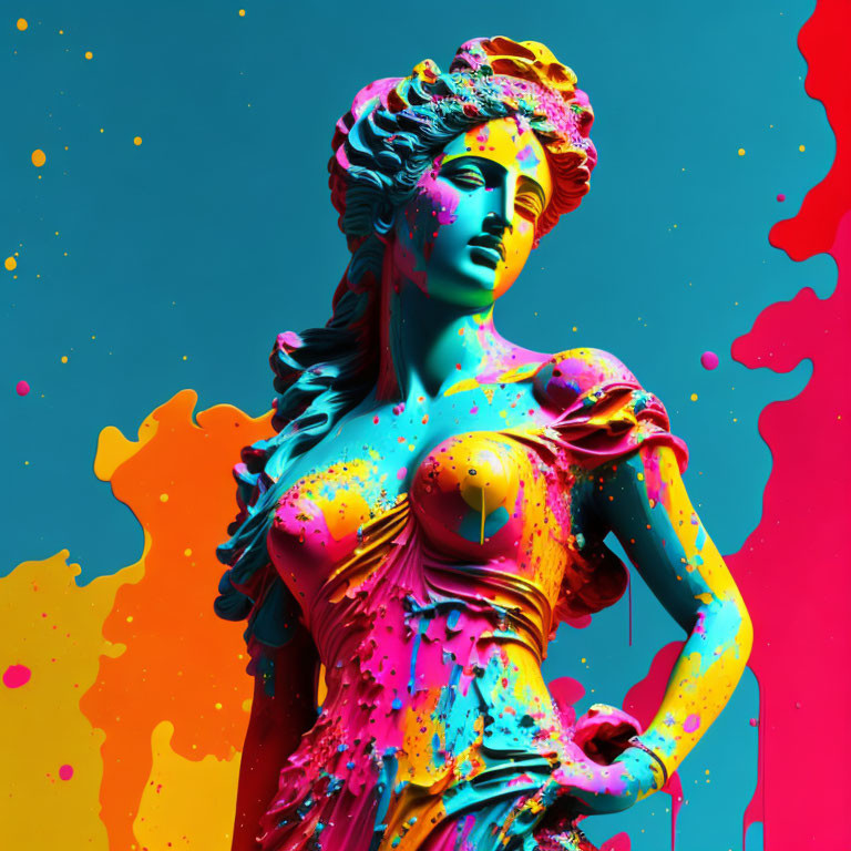 Colorful modern art reinterpretation of a classic sculpture on turquoise backdrop