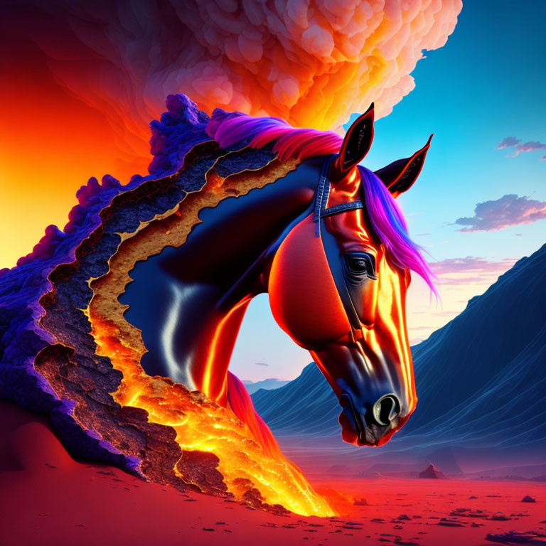 Surreal image: Fiery horse with lava mane in volcanic eruption.