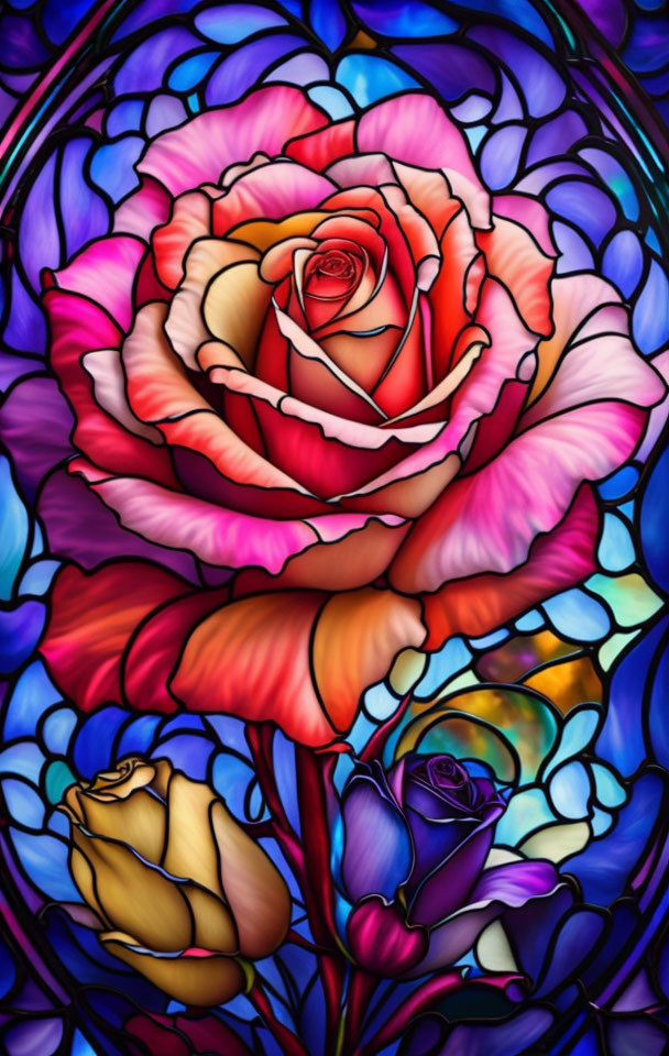 Colorful stained glass style rose illustration with intricate blue patterns