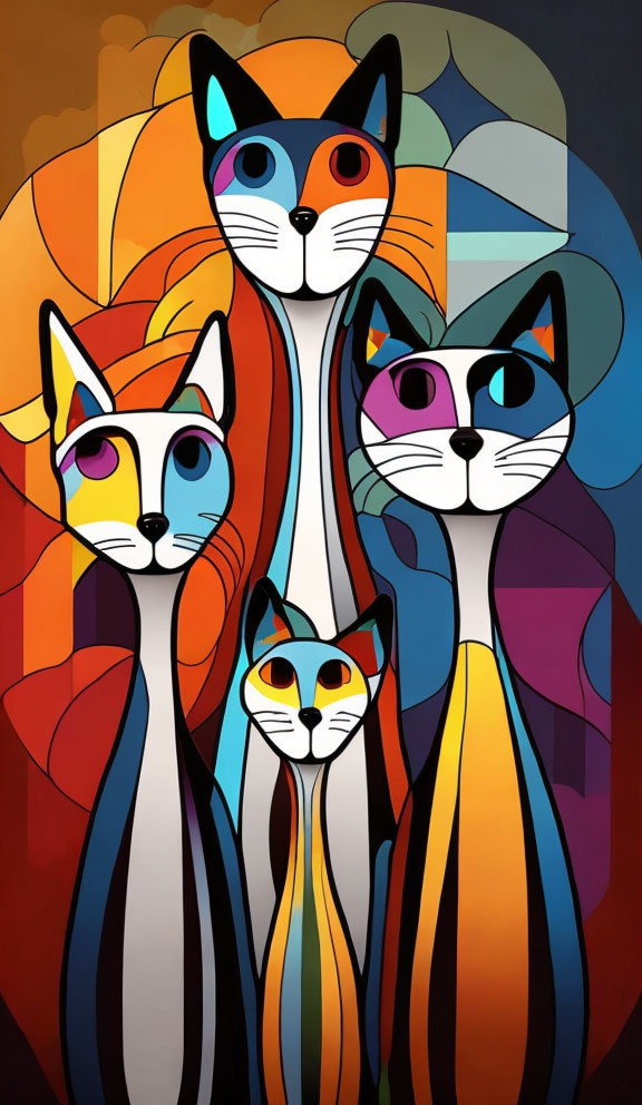 Vibrant illustration of four long-necked cats in colorful patterns