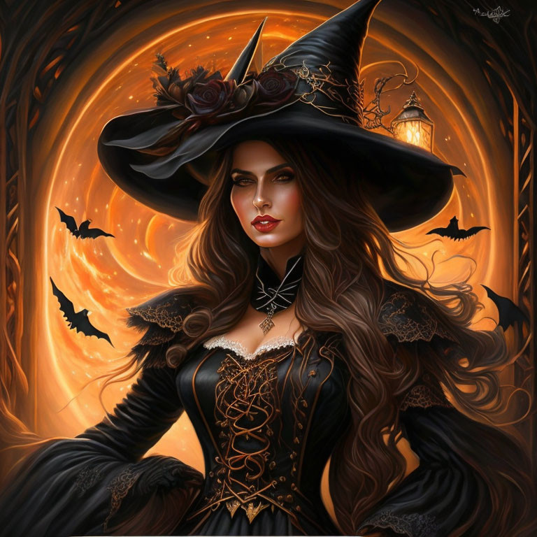 Woman with long hair in witch's hat surrounded by bats in enchanted autumn setting