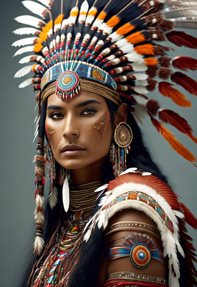 Native American-inspired woman with headdress and face paint in earthy tones