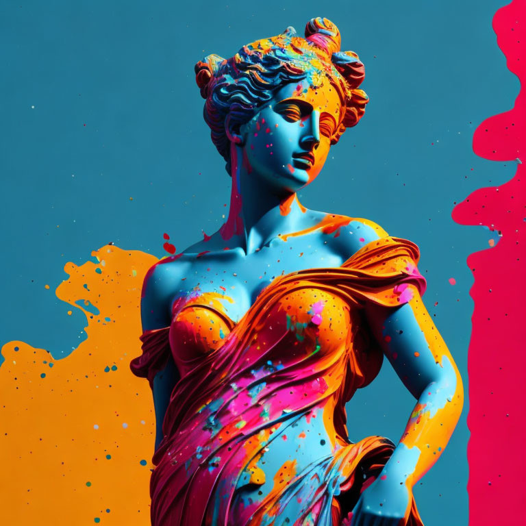 Colorful reinterpretation of classic sculpture with neon paint on turquoise and magenta.