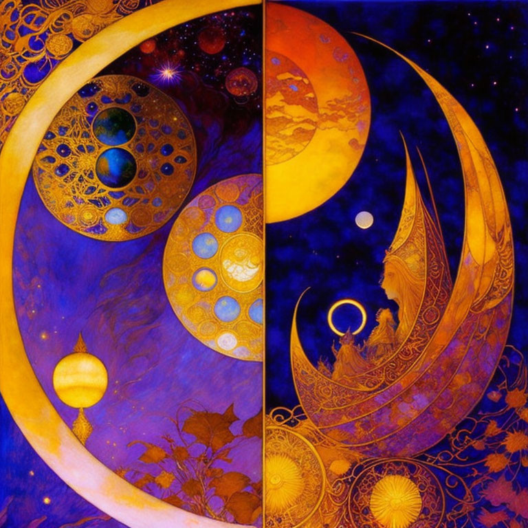 Colorful cosmic artwork with celestial bodies and figure on crescent moon.