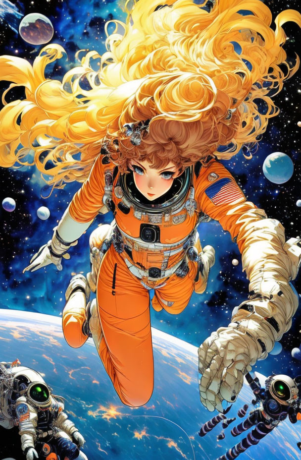 Vibrant orange spacesuit astronaut in space with flowing hair