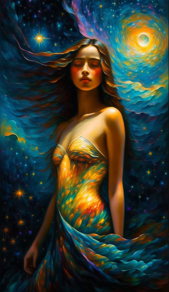 Ethereal woman in starry gown against cosmic backdrop