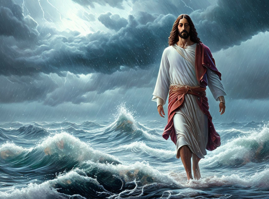 Religious figure walking on stormy ocean with dark skies