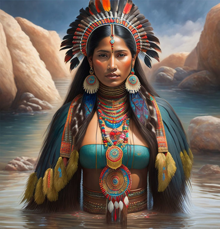 Detailed painting of woman in indigenous attire with feather headdress and serene water background