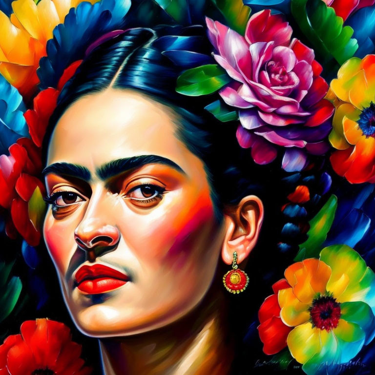 Colorful Portrait of Woman with Prominent Eyebrows and Floral Background