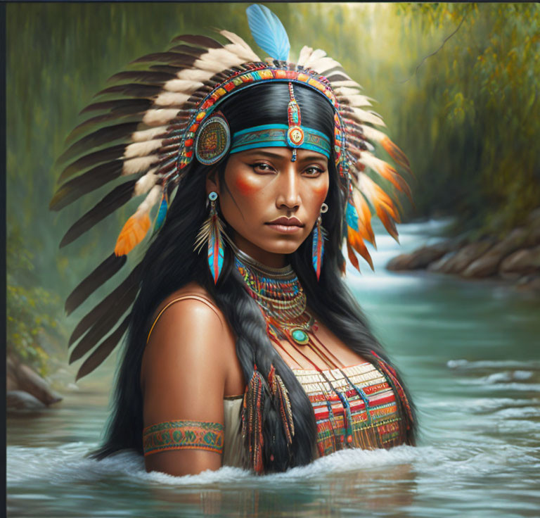 Digital painting of Indigenous woman by serene river