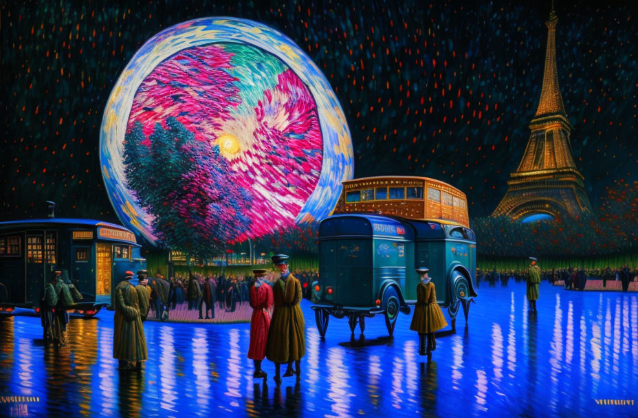 Fantastical scene with cosmic orb, vintage buses, and Eiffel Tower at night