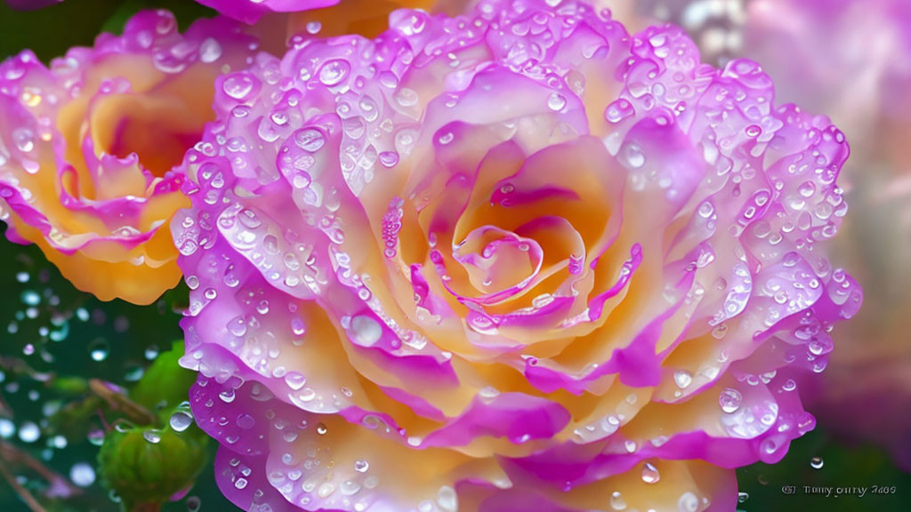 Vibrant pink and yellow roses with dewdrops on petals.