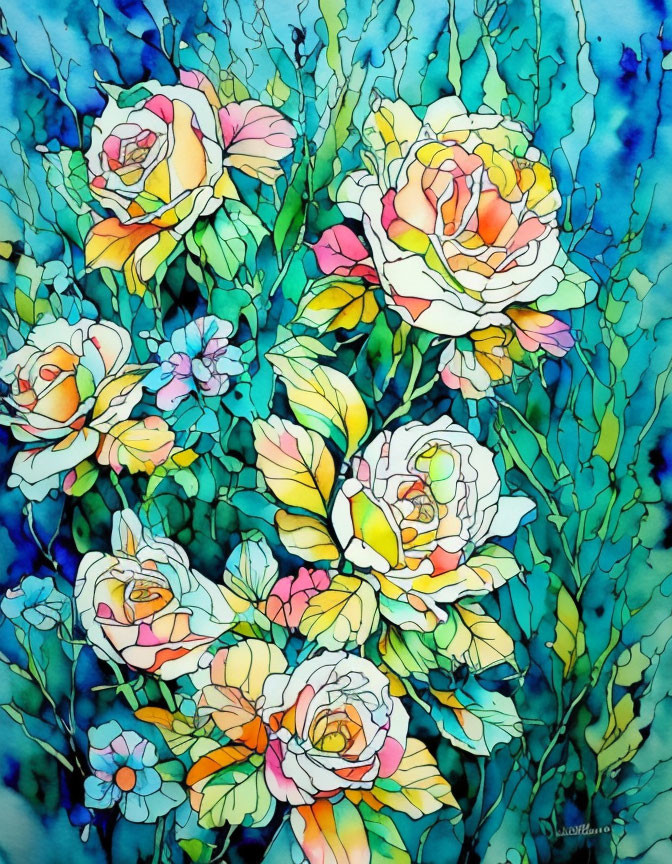 Colorful Watercolor Painting of Stylized Roses on Blue Background